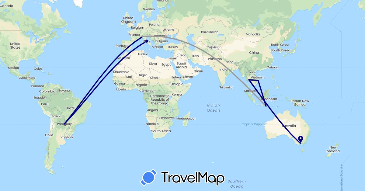 TravelMap itinerary: driving, plane in Australia, Indonesia, Italy, Cambodia, Paraguay, Thailand, Vietnam (Asia, Europe, Oceania, South America)